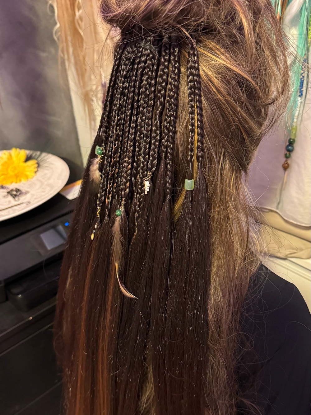 Boho Braided Feather Hair Extensions - Brown Black Blend - Picture 8 of 15